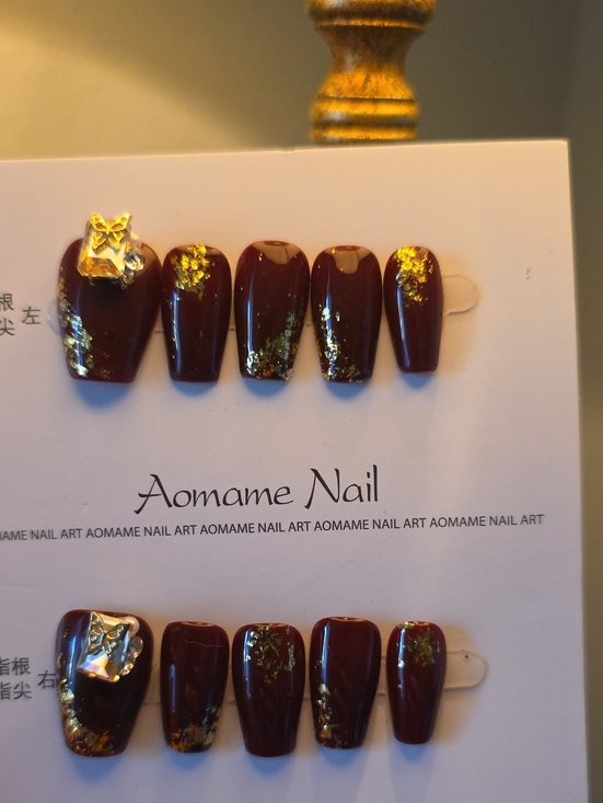 Other - Burgundy Press-On Nail Set with Gold Foil Accent Size Med
